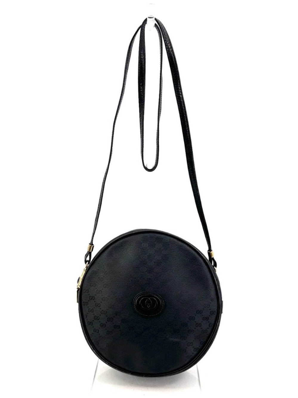Gucci Vintage Black GG Monogram Round Crossbody Bag PVC Leather Gold Hardware - Picture 3 of 16